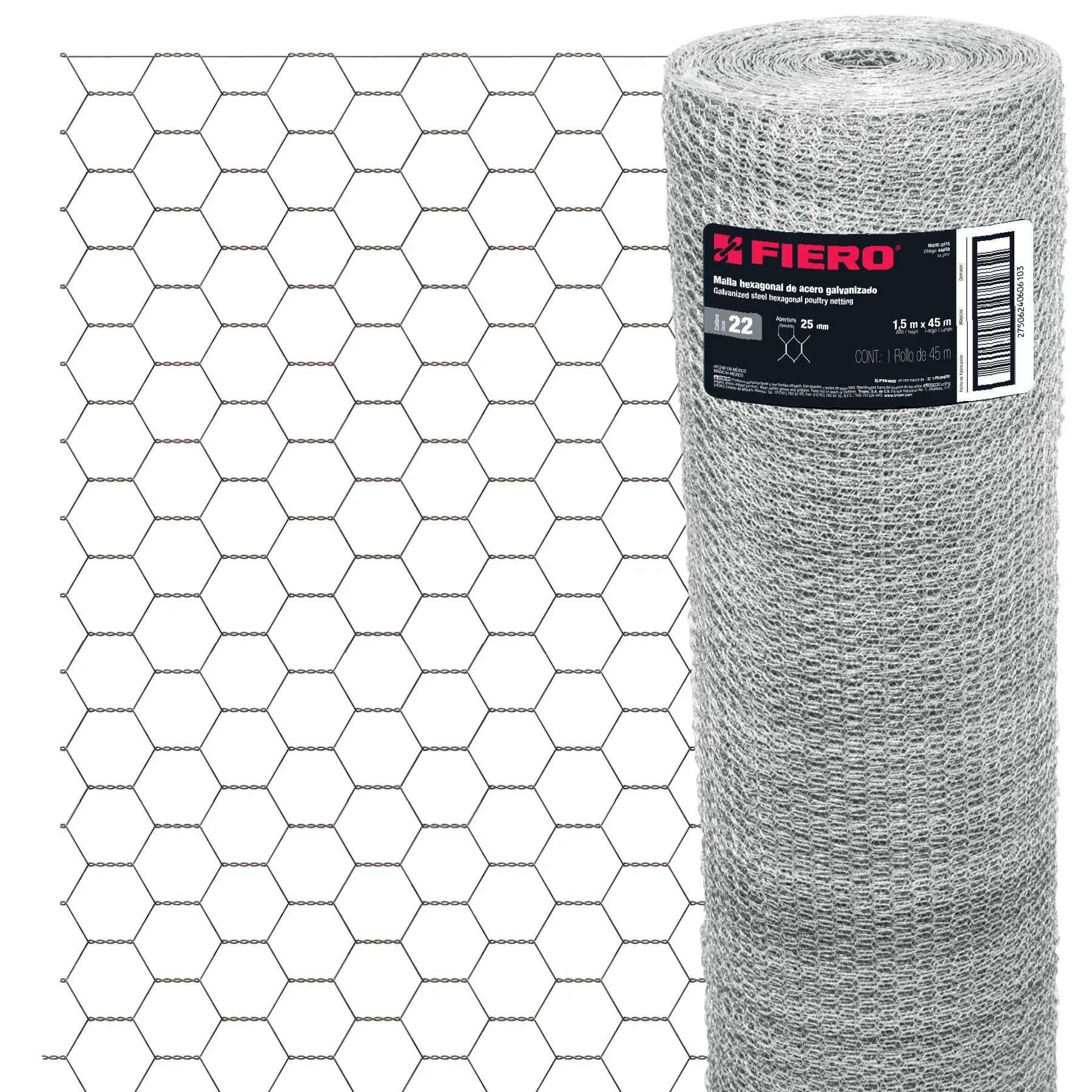Rollo malla hexagonal cal.22, 1.5x 45m, abertura 25mm, 20kg