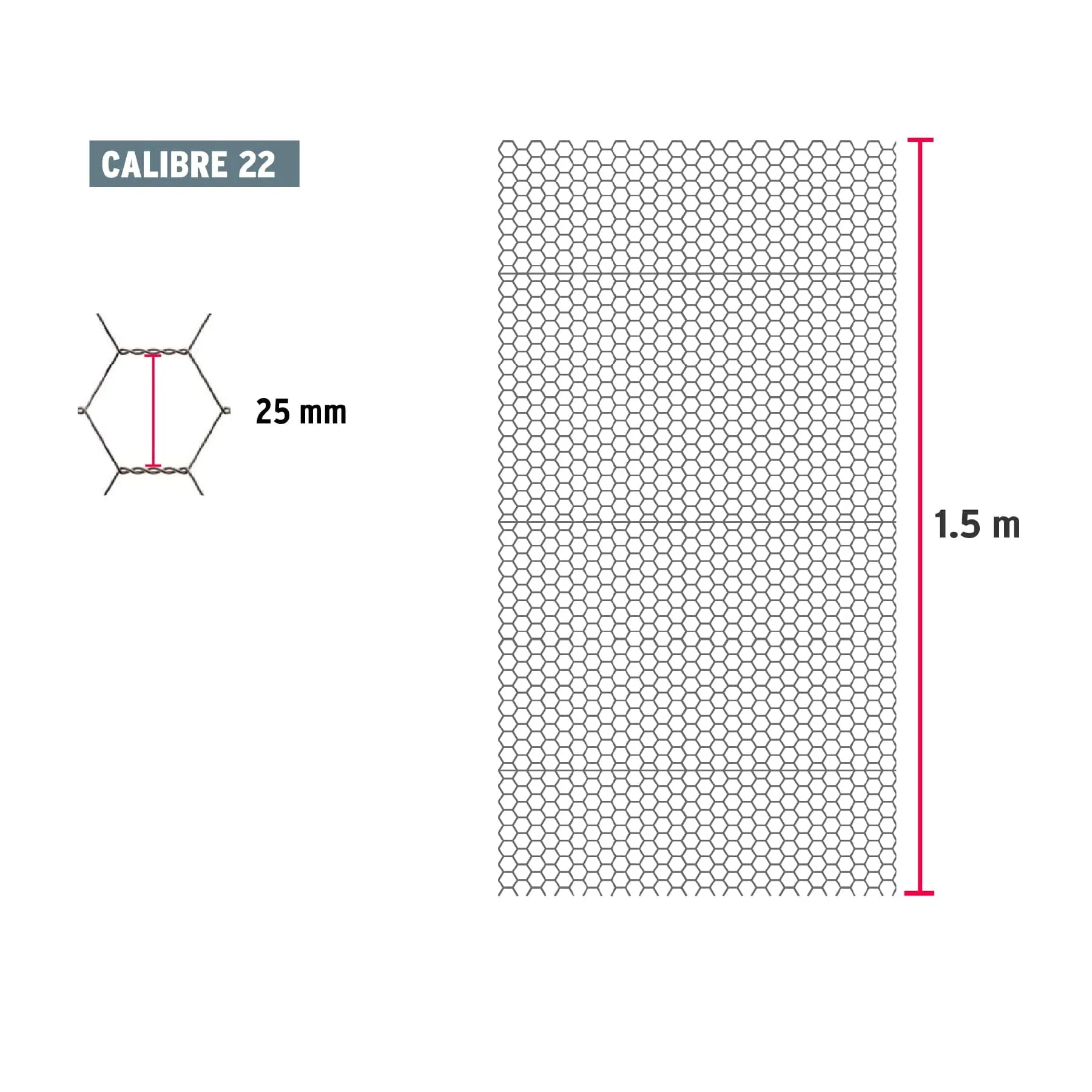 Rollo malla hexagonal cal.22, 1.5x 45m, abertura 25mm, 20kg