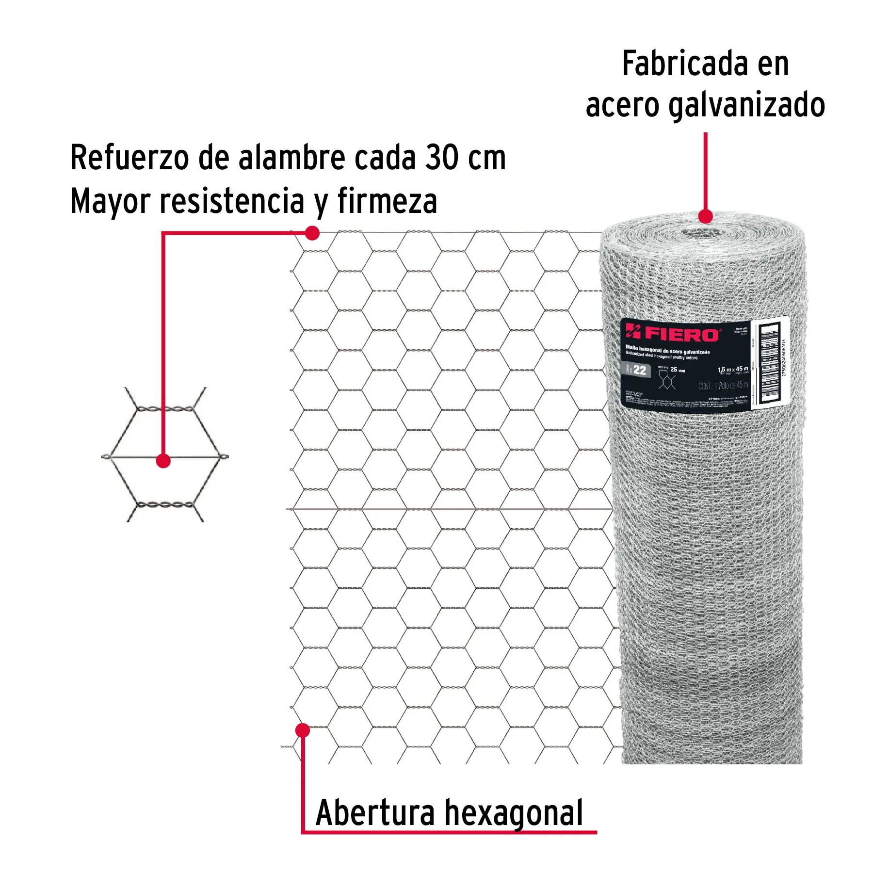 Rollo malla hexagonal cal.22, 1.5x 45m, abertura 25mm, 20kg